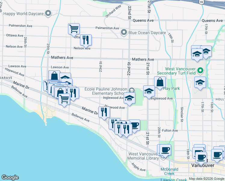 map of restaurants, bars, coffee shops, grocery stores, and more near 2256 Jefferson Avenue in West Vancouver