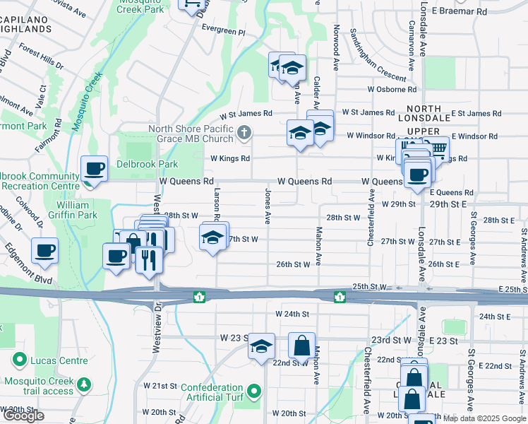 map of restaurants, bars, coffee shops, grocery stores, and more near 402 28th Street West in North Vancouver