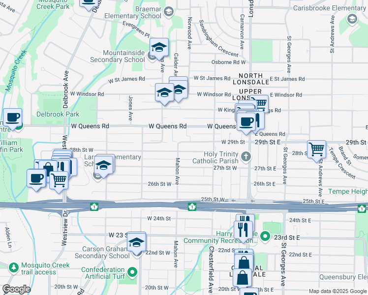 map of restaurants, bars, coffee shops, grocery stores, and more near 256 28th Street West in North Vancouver