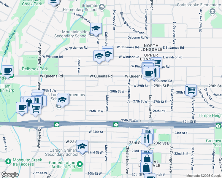 map of restaurants, bars, coffee shops, grocery stores, and more near 256 28th Street West in North Vancouver