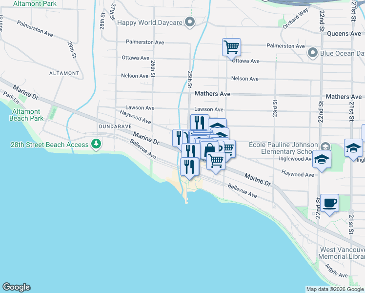 map of restaurants, bars, coffee shops, grocery stores, and more near 2517 Southwest Marine Drive in Vancouver