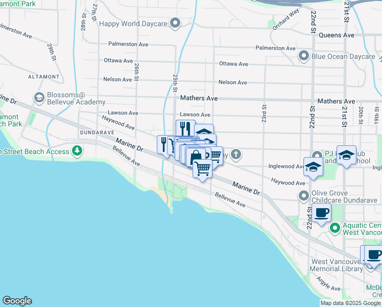 map of restaurants, bars, coffee shops, grocery stores, and more near in West Vancouver