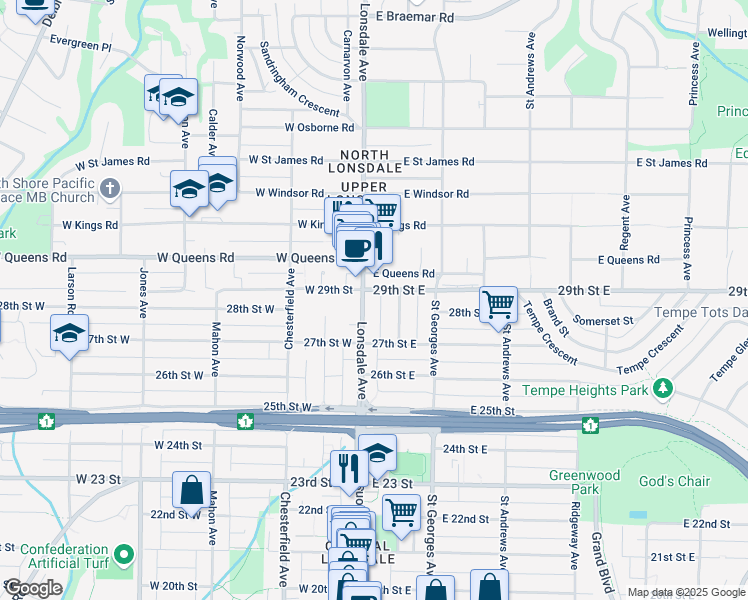 map of restaurants, bars, coffee shops, grocery stores, and more near 101 29th Street East in North Vancouver