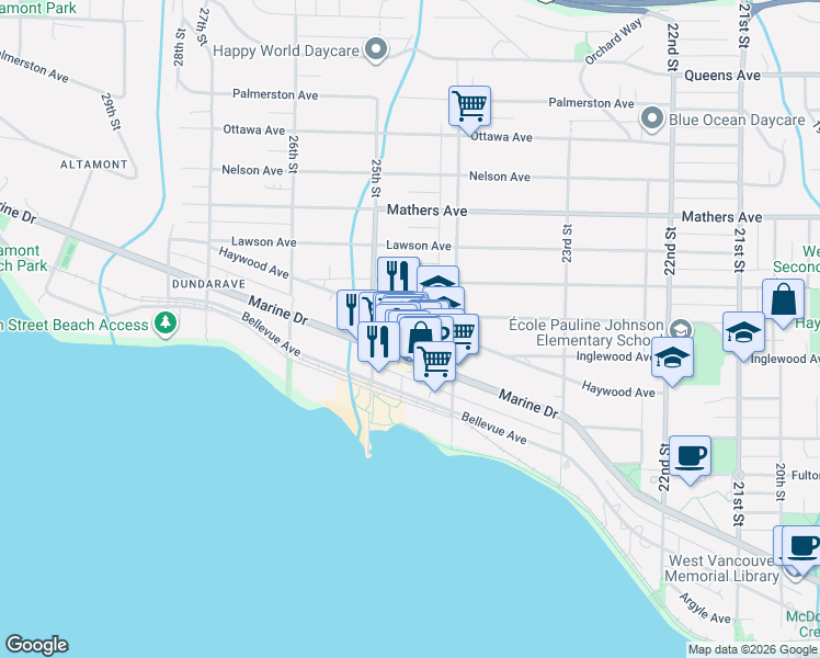 map of restaurants, bars, coffee shops, grocery stores, and more near Haywood Avenue in West Vancouver