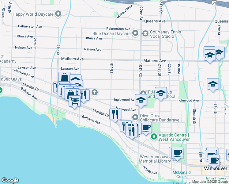 map of restaurants, bars, coffee shops, grocery stores, and more near 2290 Jefferson Avenue in West Vancouver