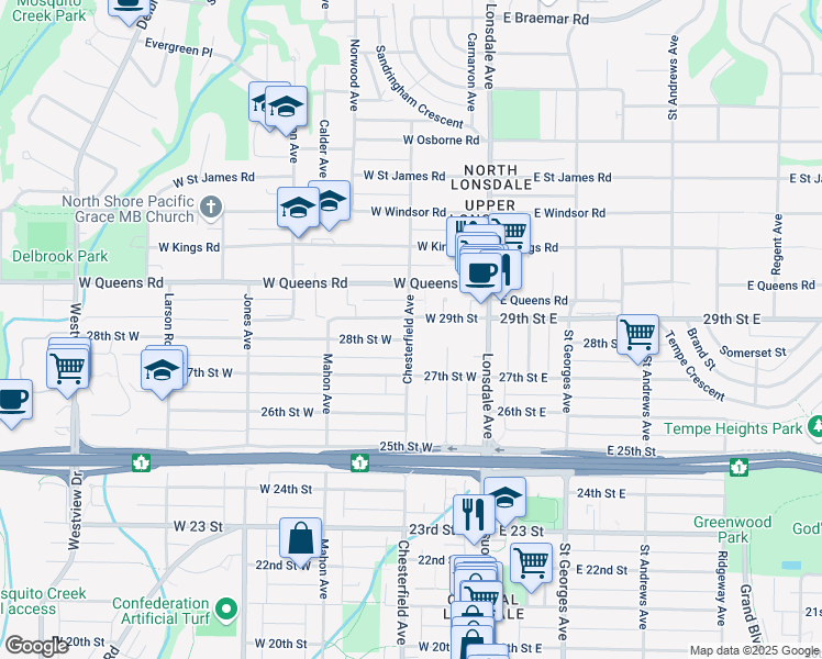 map of restaurants, bars, coffee shops, grocery stores, and more near in North Vancouver