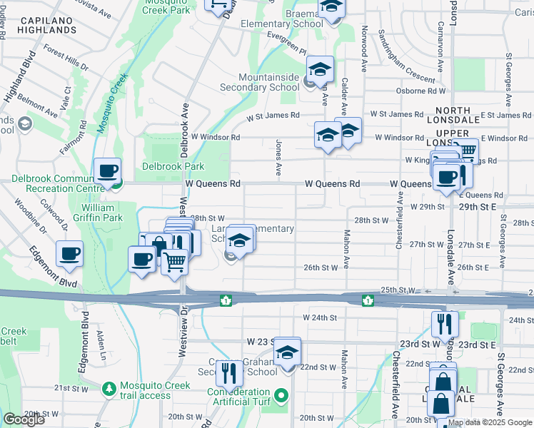 map of restaurants, bars, coffee shops, grocery stores, and more near 438 28th Street West in North Vancouver