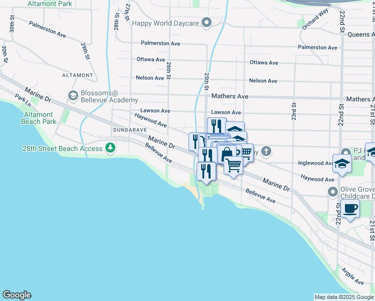 map of restaurants, bars, coffee shops, grocery stores, and more near 2541 Marine Drive in West Vancouver