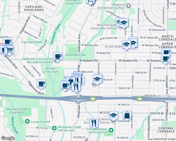 map of restaurants, bars, coffee shops, grocery stores, and more near 542 28th Street West in North Vancouver