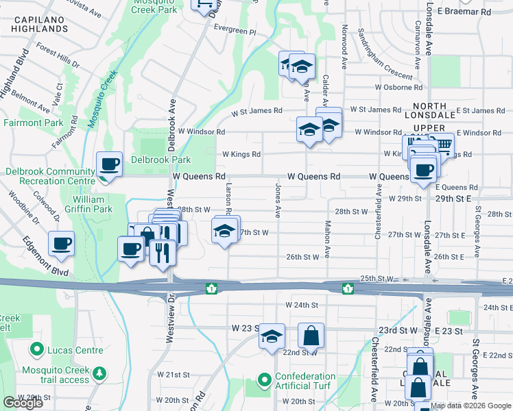 map of restaurants, bars, coffee shops, grocery stores, and more near 428 28th Street West in North Vancouver