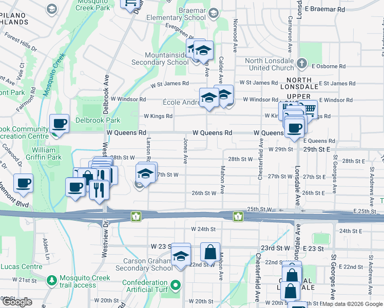 map of restaurants, bars, coffee shops, grocery stores, and more near 356 28th Street West in North Vancouver