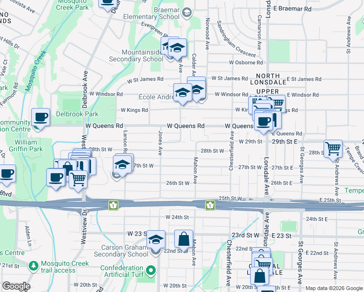 map of restaurants, bars, coffee shops, grocery stores, and more near 324 28th Street West in North Vancouver