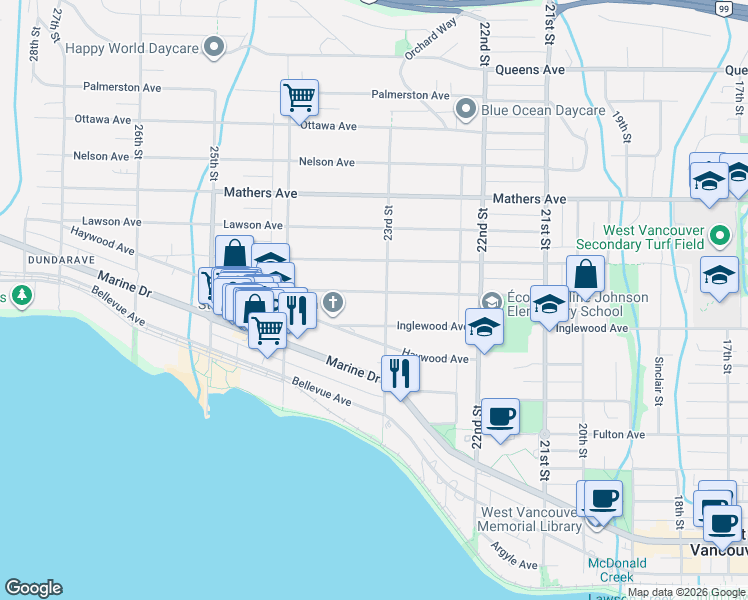 map of restaurants, bars, coffee shops, grocery stores, and more near in Vancouver