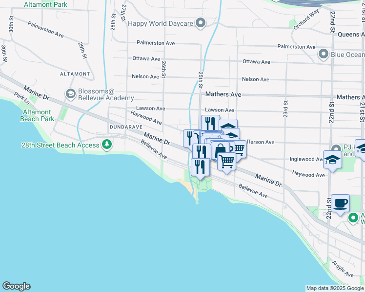 map of restaurants, bars, coffee shops, grocery stores, and more near 2541 Marine Drive in West Vancouver