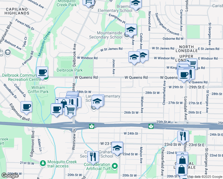 map of restaurants, bars, coffee shops, grocery stores, and more near 425 28th Street West in North Vancouver