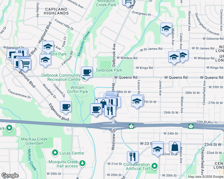 map of restaurants, bars, coffee shops, grocery stores, and more near 980 Westview Crescent in North Vancouver