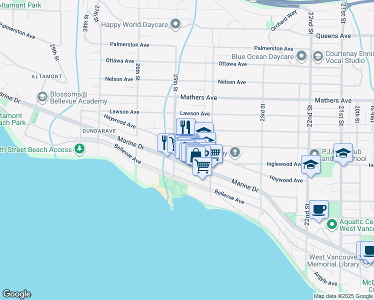 map of restaurants, bars, coffee shops, grocery stores, and more near 2472 Haywood Avenue in West Vancouver