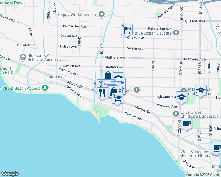 map of restaurants, bars, coffee shops, grocery stores, and more near 2472 Haywood Avenue in West Vancouver