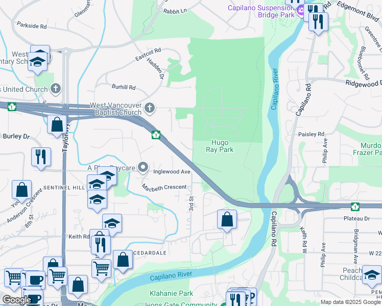 map of restaurants, bars, coffee shops, grocery stores, and more near 1271 3rd Street West in North Vancouver