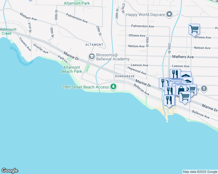 map of restaurants, bars, coffee shops, grocery stores, and more near 2814 Bellevue Avenue in West Vancouver