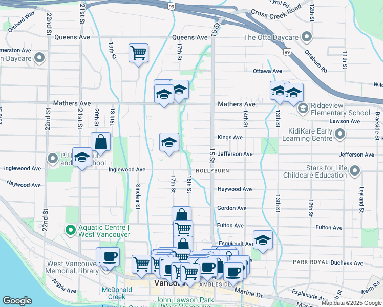 map of restaurants, bars, coffee shops, grocery stores, and more near Jefferson Avenue in West Vancouver