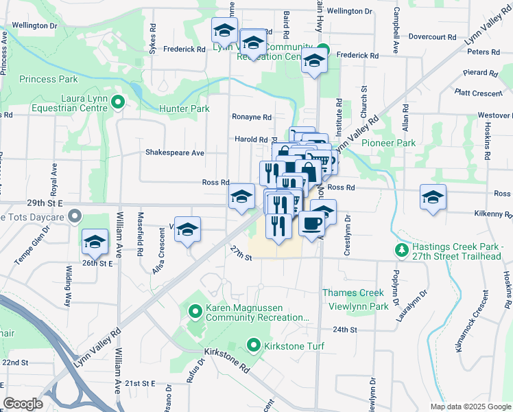 map of restaurants, bars, coffee shops, grocery stores, and more near 1150 29th Street East in North Vancouver