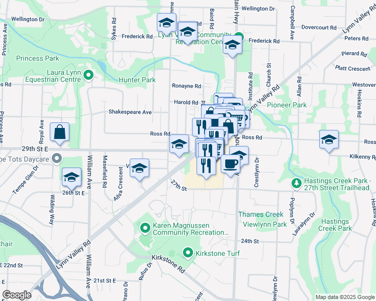 map of restaurants, bars, coffee shops, grocery stores, and more near in North Vancouver