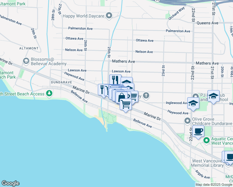 map of restaurants, bars, coffee shops, grocery stores, and more near 2472 Haywood Avenue in West Vancouver