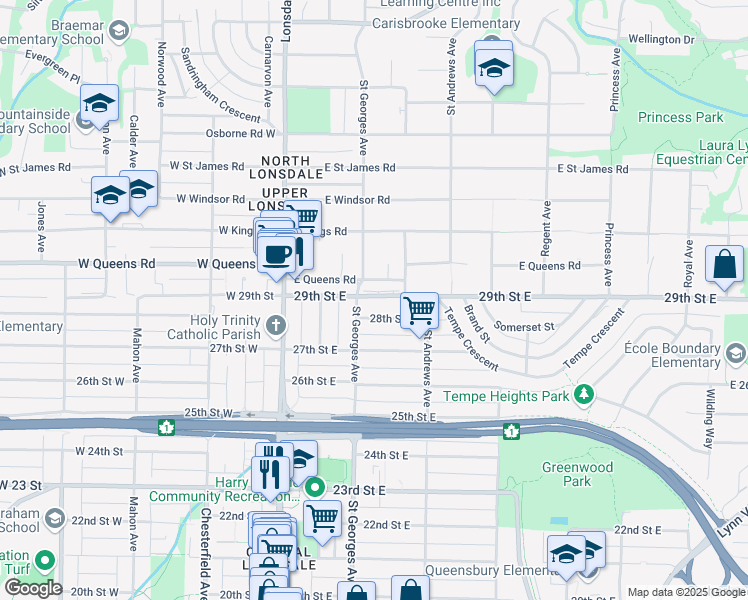 map of restaurants, bars, coffee shops, grocery stores, and more near 215 East 29th Street in North Vancouver