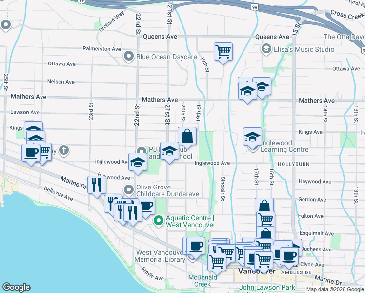 map of restaurants, bars, coffee shops, grocery stores, and more near 20th Street in West Vancouver