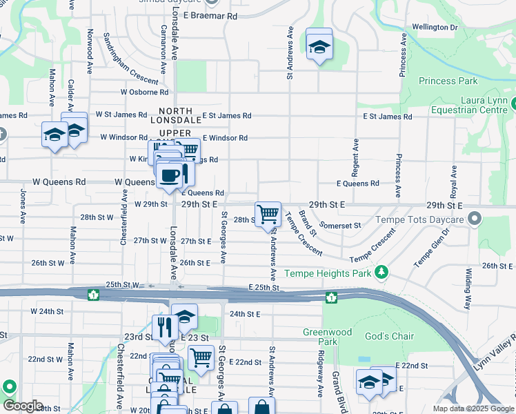 map of restaurants, bars, coffee shops, grocery stores, and more near 245 E 29th St in North Vancouver