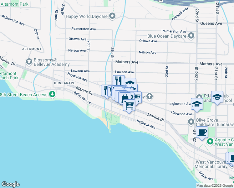 map of restaurants, bars, coffee shops, grocery stores, and more near 2484 Haywood Avenue in West Vancouver