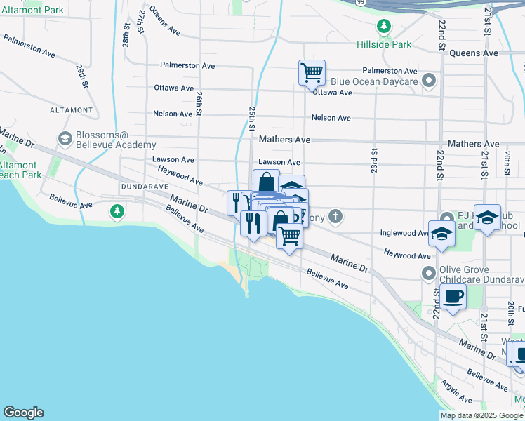 map of restaurants, bars, coffee shops, grocery stores, and more near 2484 Haywood Avenue in West Vancouver