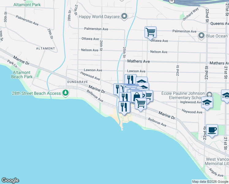 map of restaurants, bars, coffee shops, grocery stores, and more near 2541 Marine Drive in West Vancouver