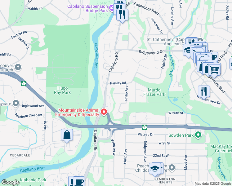 map of restaurants, bars, coffee shops, grocery stores, and more near 1478 Laing Drive in North Vancouver