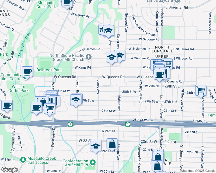 map of restaurants, bars, coffee shops, grocery stores, and more near 29 Street West in Metro Vancouver