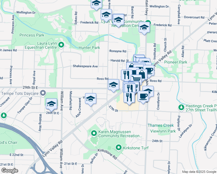 map of restaurants, bars, coffee shops, grocery stores, and more near 1100 29th Street East in North Vancouver