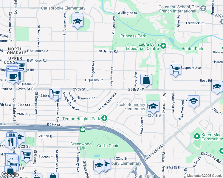 map of restaurants, bars, coffee shops, grocery stores, and more near 684 E 29th St in North Vancouver