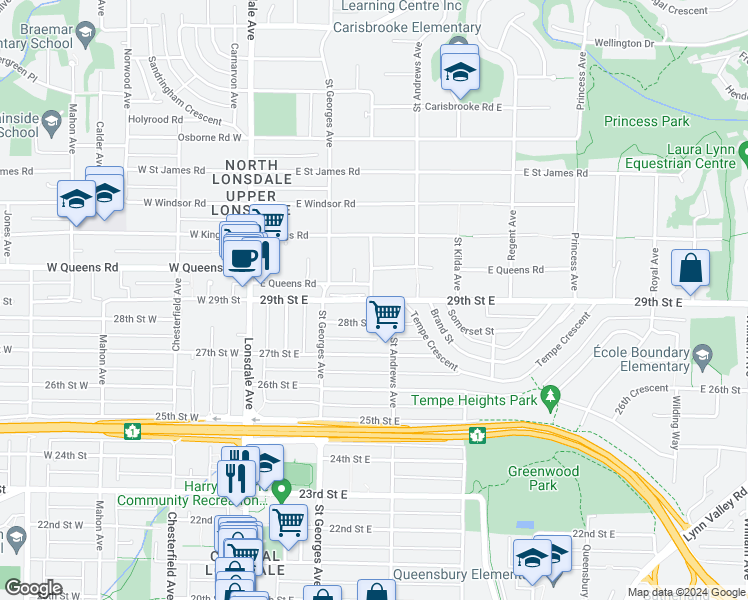 map of restaurants, bars, coffee shops, grocery stores, and more near 245 E 29th St in North Vancouver
