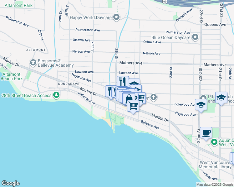 map of restaurants, bars, coffee shops, grocery stores, and more near 1180 25th Street in West Vancouver