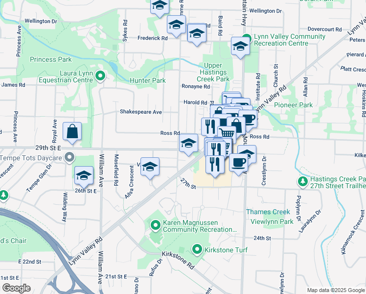 map of restaurants, bars, coffee shops, grocery stores, and more near 1100 29th Street East in North Vancouver