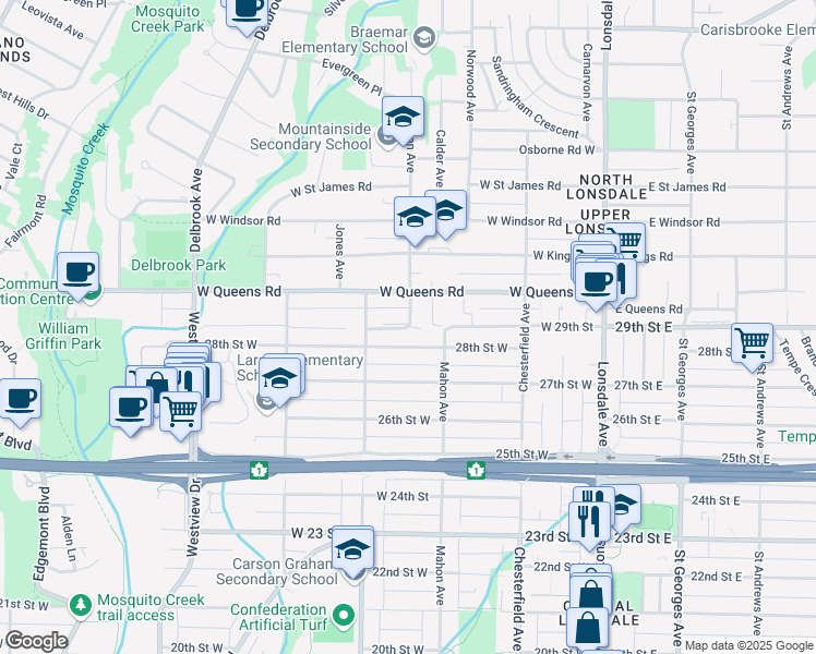 map of restaurants, bars, coffee shops, grocery stores, and more near 305 West 29th Street in North Vancouver