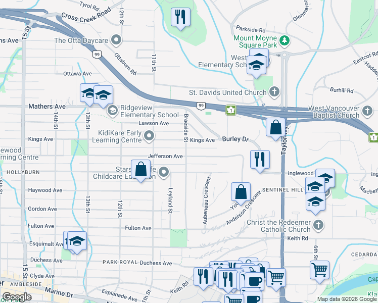 map of restaurants, bars, coffee shops, grocery stores, and more near 1220 Braeside Street in West Vancouver