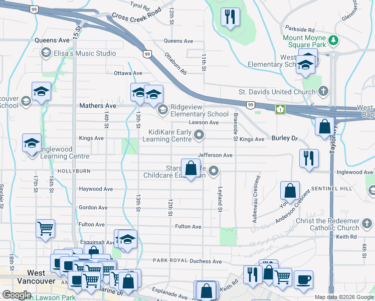 map of restaurants, bars, coffee shops, grocery stores, and more near 1143 Jefferson Avenue in West Vancouver