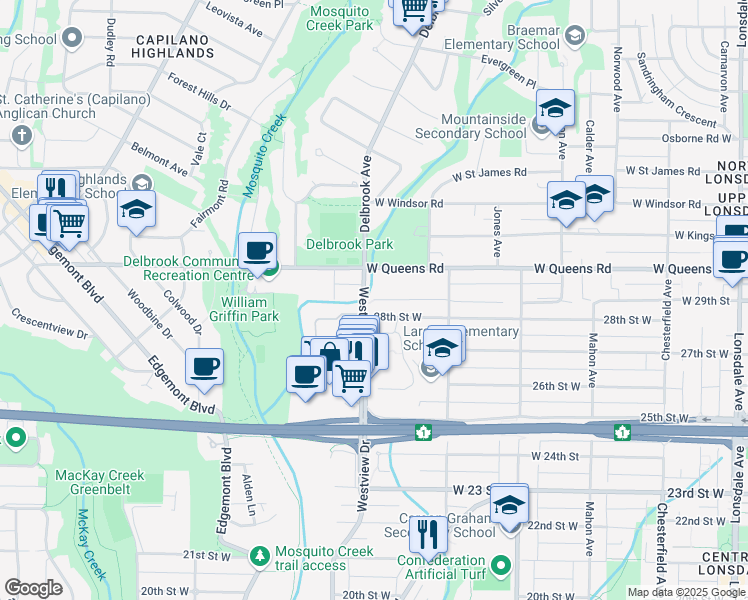 map of restaurants, bars, coffee shops, grocery stores, and more near 1310 29 Street West in North Vancouver