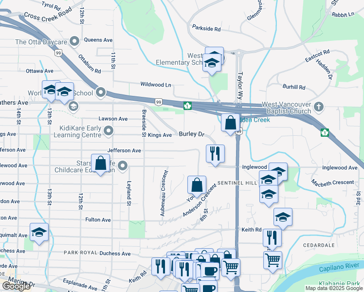 map of restaurants, bars, coffee shops, grocery stores, and more near 875 Jefferson Avenue in West Vancouver