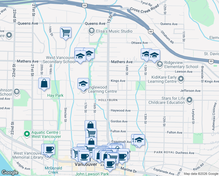map of restaurants, bars, coffee shops, grocery stores, and more near 1493 Jefferson Avenue in West Vancouver