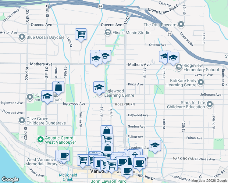 map of restaurants, bars, coffee shops, grocery stores, and more near 1567 Jefferson Avenue in West Vancouver