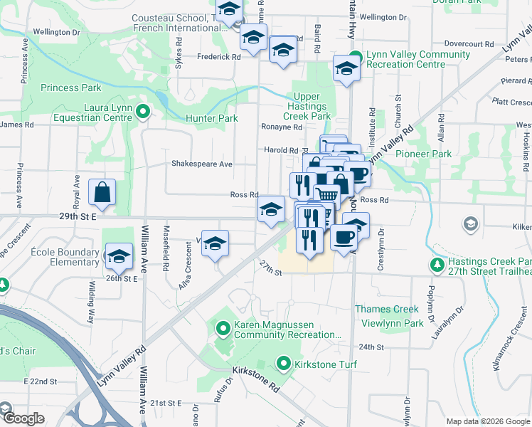 map of restaurants, bars, coffee shops, grocery stores, and more near 1100 29th Street East in North Vancouver