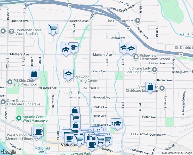 map of restaurants, bars, coffee shops, grocery stores, and more near 1465 Jefferson Avenue in West Vancouver